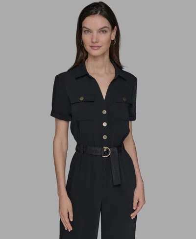Karl Lagerfeld Petite Belted Short-sleeve Button-front Jumpsuit