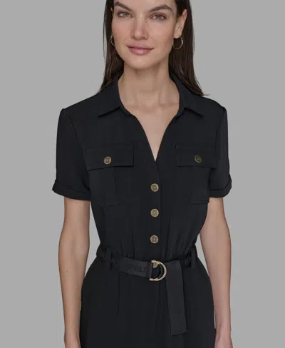 Karl Lagerfeld Petite Belted Short-sleeve Button-front Jumpsuit