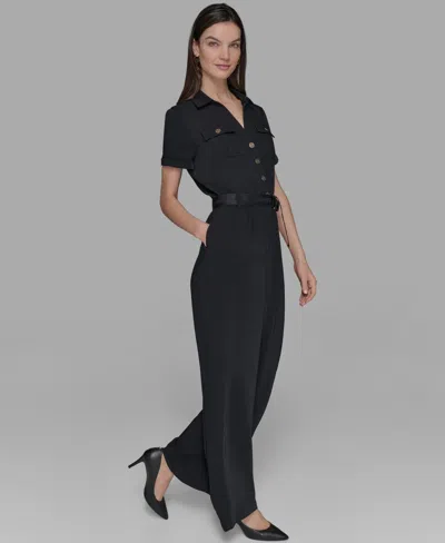 Karl Lagerfeld Petite Belted Short-sleeve Button-front Jumpsuit