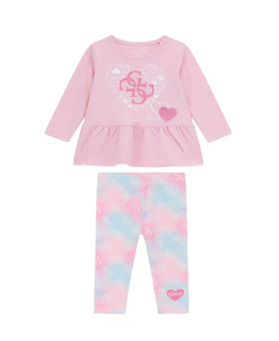 Guess Baby Girls 2-piece Long Sleeve T-shirt And Printed Legging Set In Pink