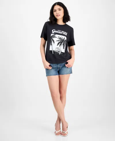 Guess Women's Palm Print Crewneck T-shirt In Black