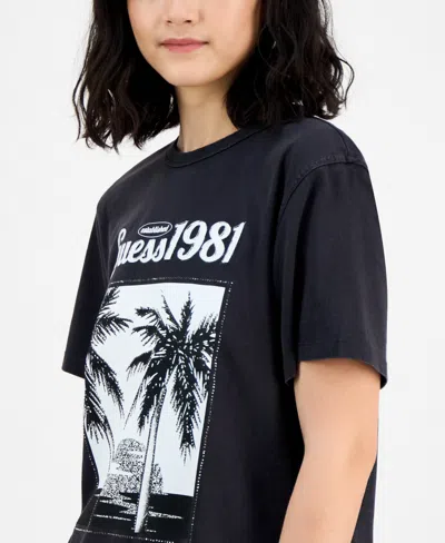 Guess Women's Palm Print Crewneck T-shirt In Black