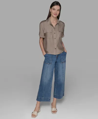 Karl Lagerfeld Petite Textured Studded Blouse In Brown