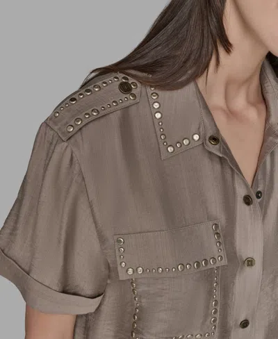 Karl Lagerfeld Petite Textured Studded Blouse In Brown
