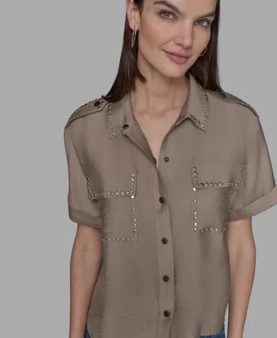 Karl Lagerfeld Petite Textured Studded Blouse In Brown
