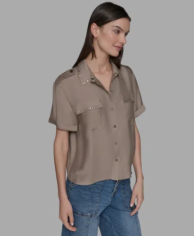 Karl Lagerfeld Petite Textured Studded Blouse In Brown