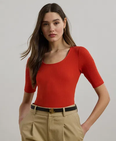 Ralph Lauren Women's Rib-knit Cotton-blend Elbow-sleeve Tee In Red