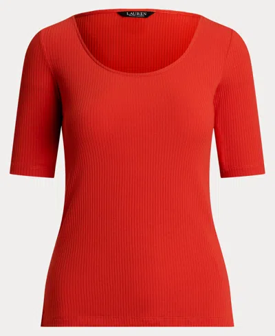 Ralph Lauren Women's Rib-knit Cotton-blend Elbow-sleeve Tee In Red