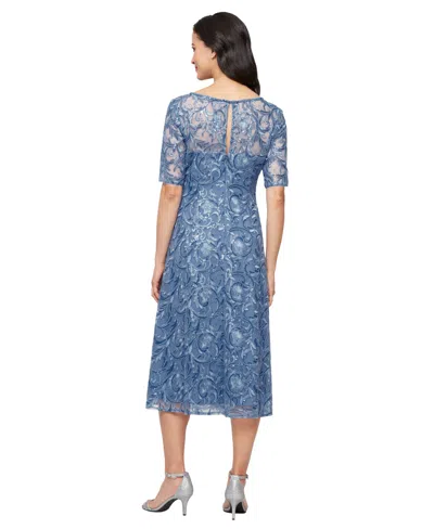 Alex Evenings Embroidered Tulle Cocktail Dress In Blue
