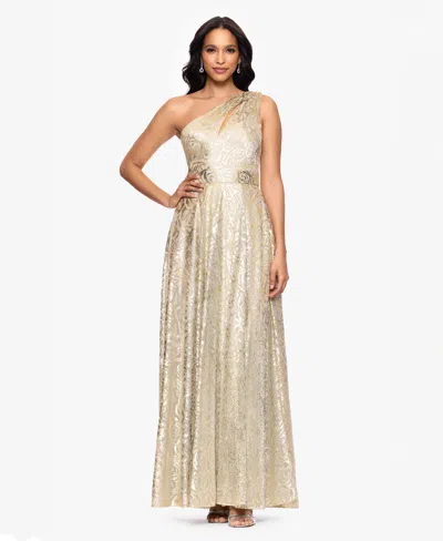 Betsy & Adam One-shoulder Foil Flower Gown In Neutral