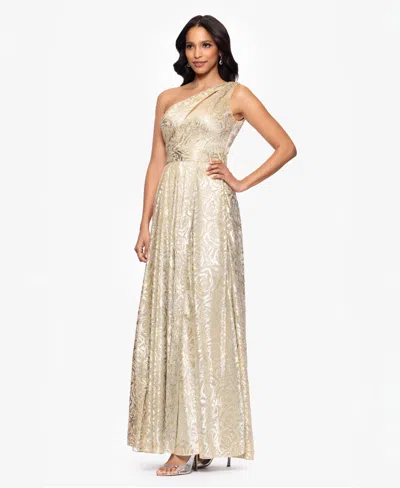 Betsy & Adam One-shoulder Foil Flower Gown In Neutral