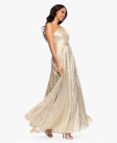 Betsy & Adam One-shoulder Foil Flower Gown In Neutral
