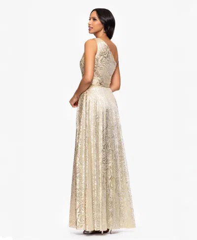 Betsy & Adam One-shoulder Foil Flower Gown In Neutral