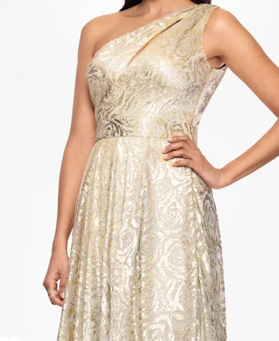 Betsy & Adam One-shoulder Foil Flower Gown In Neutral