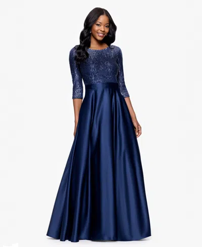 Betsy & Adam Petite Embellished Satin Gown In Blue