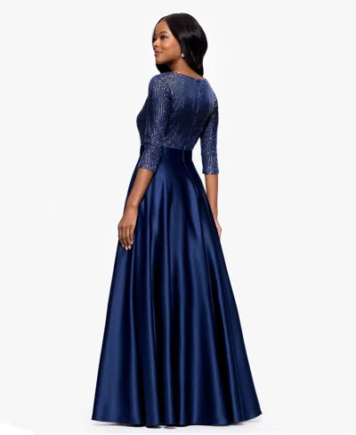 Betsy & Adam Petite Embellished Satin Gown In Blue