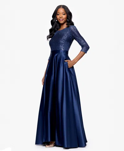 Betsy & Adam Petite Embellished Satin Gown In Blue