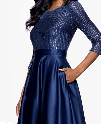 Betsy & Adam Petite Embellished Satin Gown In Blue