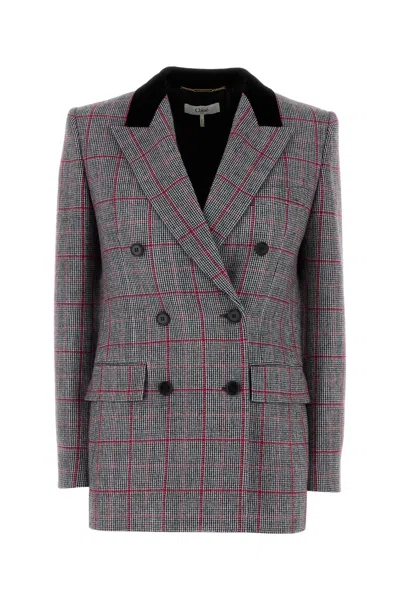 Chloé Double-breasted Velvet-trimmed Checked Wool Blazer