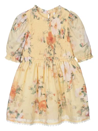 Zimmermann Girl's Everley Smocked Floral-print Dress In Yellow