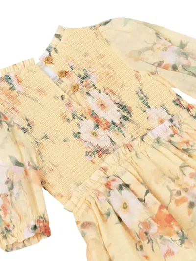 Zimmermann Girl's Everley Smocked Floral-print Dress In Yellow