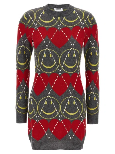 Moschino Crew Neck Long Sleeve Graphic Dress In Multi