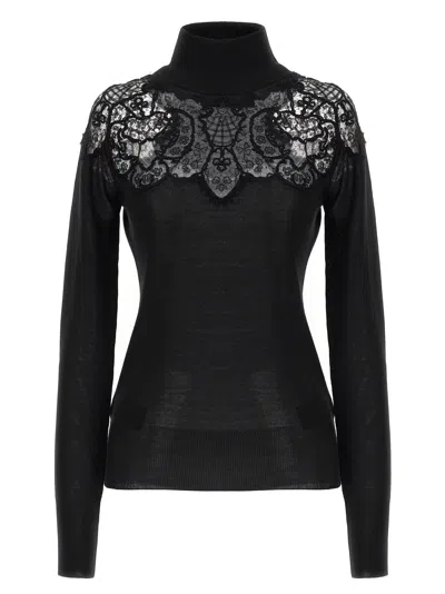 Ermanno Scervino Sheer Turtleneck Lace Sweater With Long Sleeves In Black