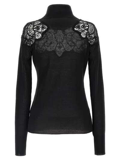 Ermanno Scervino Sheer Turtleneck Lace Sweater With Long Sleeves In Black