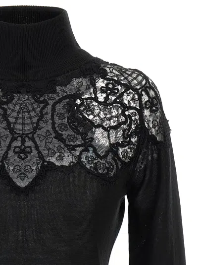 Ermanno Scervino Sheer Turtleneck Lace Sweater With Long Sleeves In Black