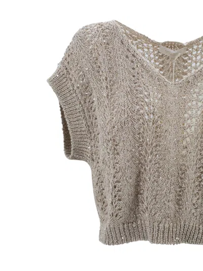 Antonelli Lace Knit Top With Sequins In Neutral