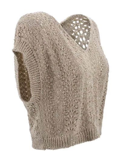 Antonelli Lace Knit Top With Sequins In Neutral