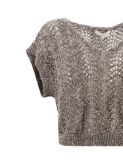 Antonelli Lace Knit Top With Sequins In Brown
