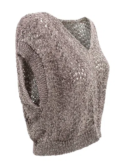 Antonelli Lace Knit Top With Sequins In Brown