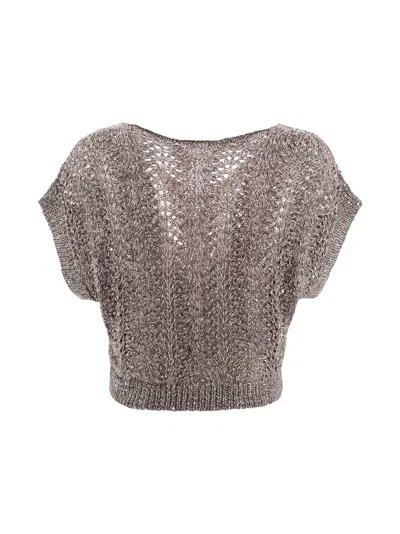 Antonelli Lace Knit Top With Sequins In Brown