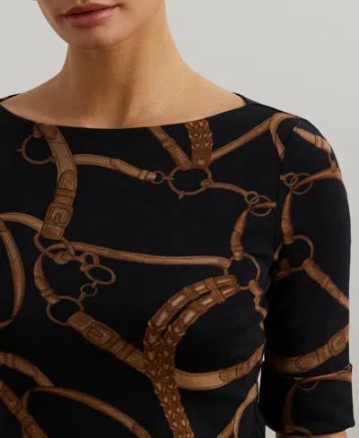 Ralph Lauren Women's Belting-print Cotton-blend Boatneck Tee In Black