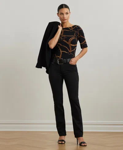 Ralph Lauren Women's Belting-print Cotton-blend Boatneck Tee In Black