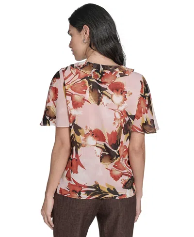 Calvin Klein Women's Printed Ruffle-neck Button-front Blouse In Multi
