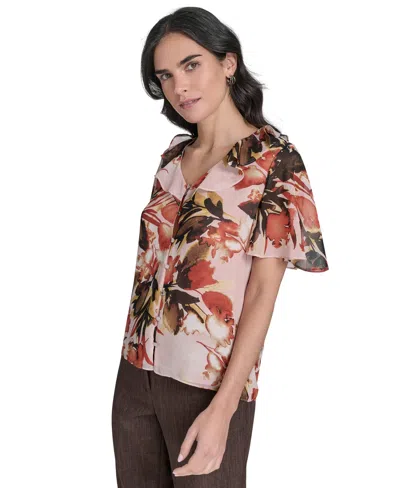 Calvin Klein Women's Printed Ruffle-neck Button-front Blouse In Multi