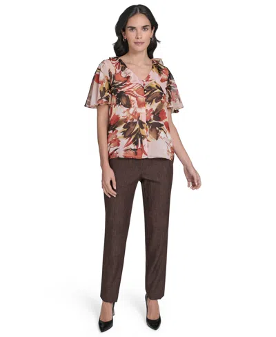 Calvin Klein Women's Printed Ruffle-neck Button-front Blouse In Multi