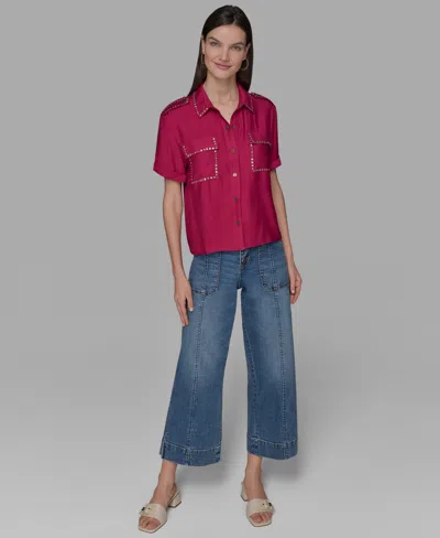 Karl Lagerfeld Womens Studded Short Sleeve Shirt Xs P Xl In Pink