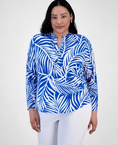Inc International Concepts Plus Size Printed Long-sleeve Top, Exclusively At Macy's In Blue