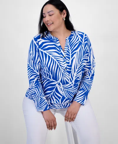 Inc International Concepts Plus Size Printed Long-sleeve Top, Exclusively At Macy's In Blue