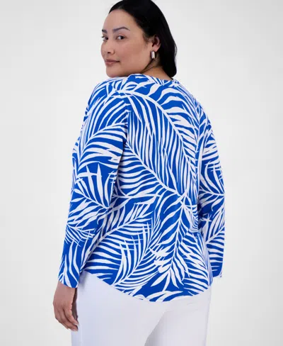 Inc International Concepts Plus Size Printed Long-sleeve Top, Exclusively At Macy's In Blue