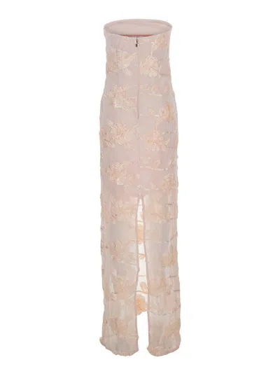 Rotate Birger Christensen Pink Off-shoulder Sleeveless Long Dress With All-over Floral Embroidey And Rear Single Slit