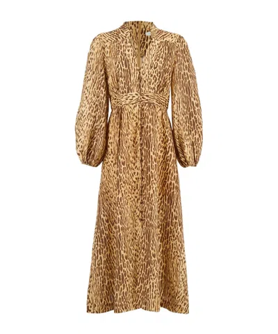 Zimmermann Cascadian Leopard Print Long Sleeve Linen Midi Dress In Brown