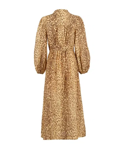 Zimmermann Cascadian Leopard Print Long Sleeve Linen Midi Dress In Brown