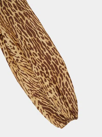 Zimmermann Cascadian Leopard Print Long Sleeve Linen Midi Dress In Brown