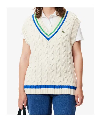 Lacoste V-neck Cable Knit Vest In White