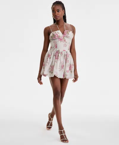 Seni & Cade Juniors' Rose-print Bubble-hem Mini Dress
