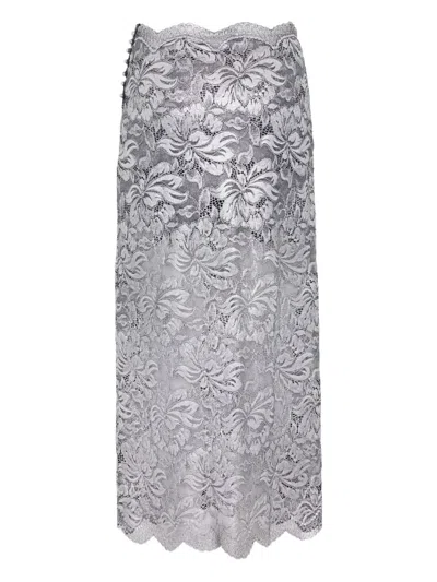 Rabanne Midi Skirt With Scalloped Waistline And Metallic Lace Fabric In Gray